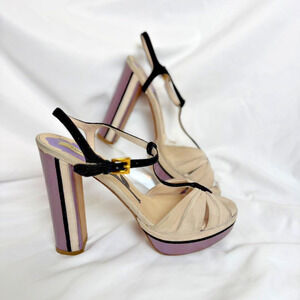 Vtg Prada SS2008 Ivory Purple Suede Leather Platform Heels 37 1/2